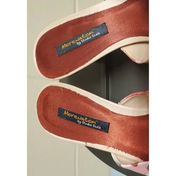 Morenatom Studio Scala Burgundy Ruffle Pink Print Kitten Heel Slides Sz38 (7) - Picture 9 of 11